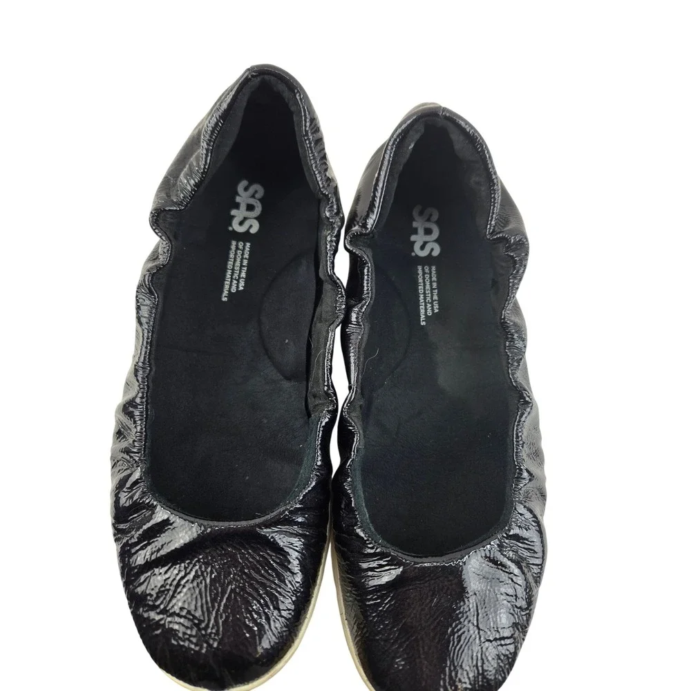 SAS Radiant Black Patent Leather Ballet Flats Womens 7.5‎ M Slip On Made in USA